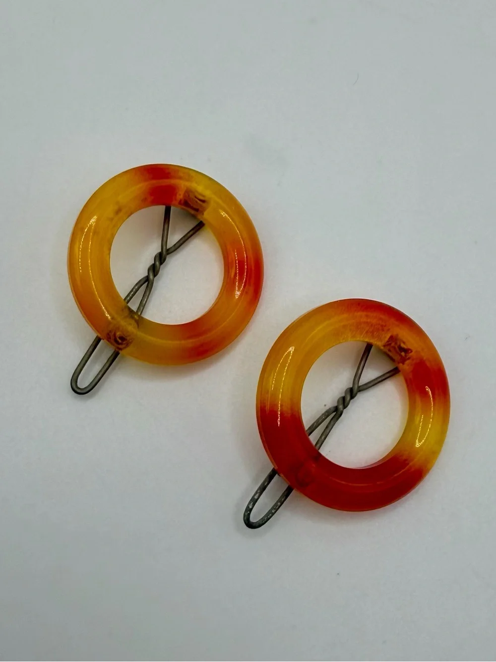 Vtg Art Deco Celluloid Barrettes Amber Orange 1930s Pair 2 Round Faux Tortoise